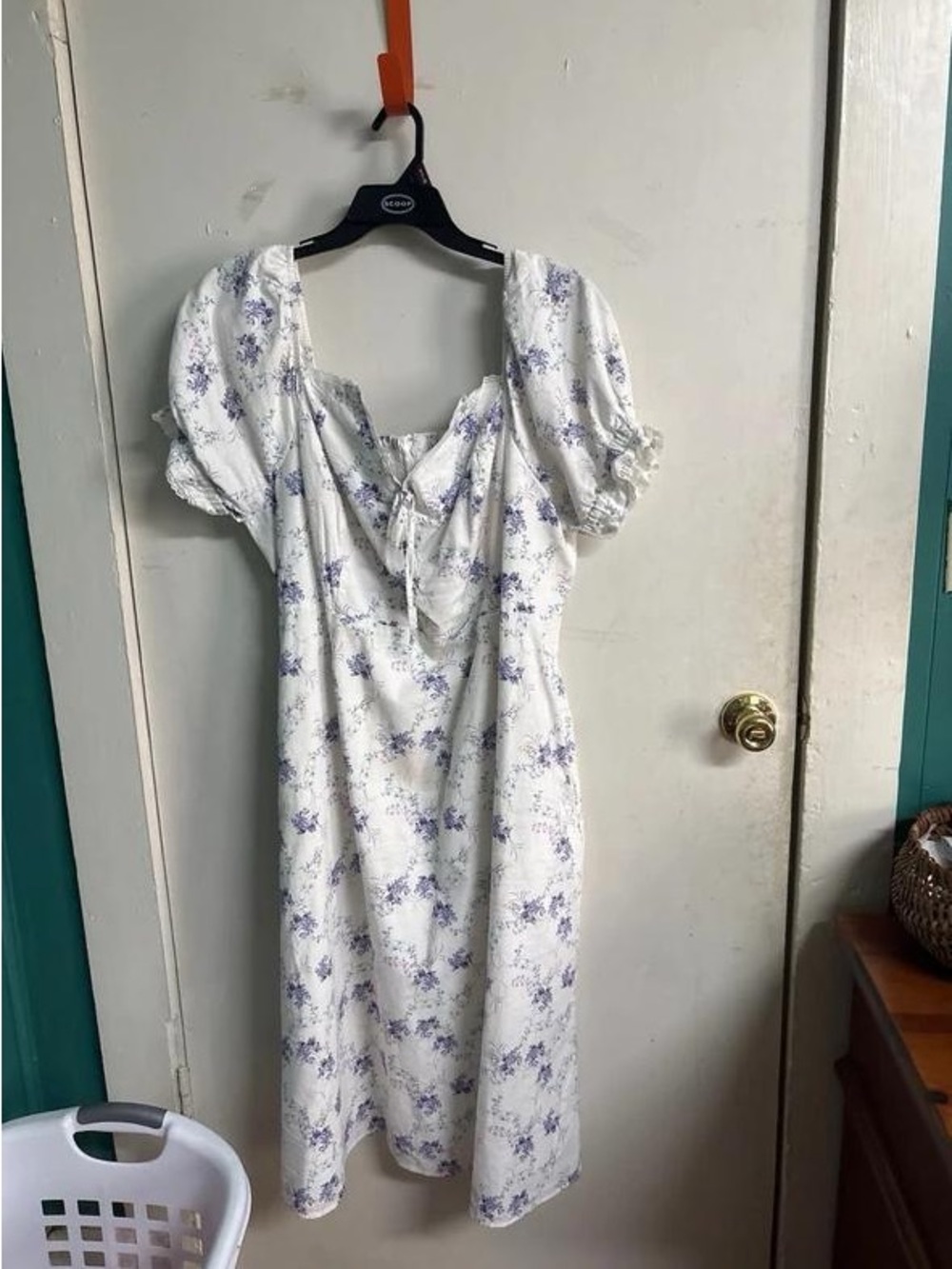 White Maxi Dress with Lavender Floral Print and Puff Sleeves — Women